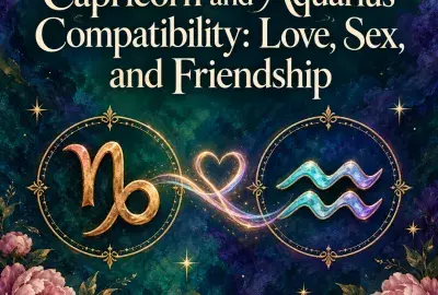 Capricorn and Aquarius symbols joined by a glowing heart with peonies