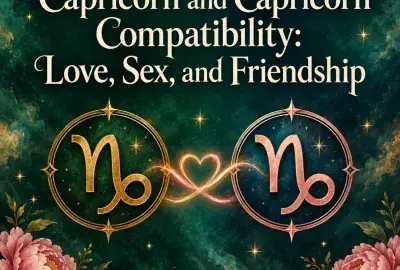 Two Capricorn symbols joined by a glowing heart on deep green
