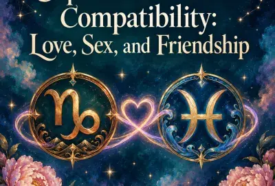 Capricorn and Pisces symbols joined by a glowing heart