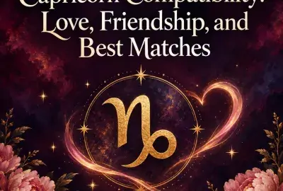 Gold Capricorn symbol wrapped in a glowing heart ribbon