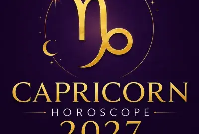 Gold Capricorn zodiac symbol on a deep violet background with “Capricorn Horoscope 2027: Your Complete Year Ahead.”