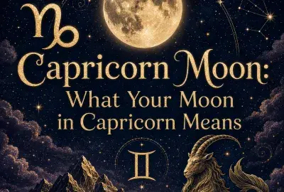 Celestial Capricorn Moon graphic with a glowing full moon, Capricorn symbol, golden sea-goat, mountains, and stars.