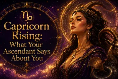 Celestial Capricorn Rising image with a confident woman, a horned sea-goat, and glowing gold astrology details against a purple cosmic sky.