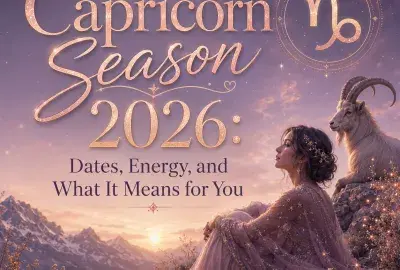 Capricorn Season 2026 astrology image with a woman in a flowing lavender dress, a mountain goat, glowing stars, and a soft sunrise over snowy mountains.
