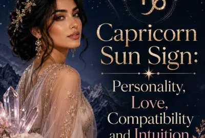 Capricorn Sun Sign astrology graphic featuring a woman, Capricorn symbol, celestial stars, crystals, flowers, and the title Personality, Love, Compatibility and Intuition.