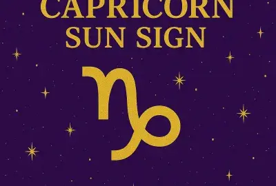 Capricorn Sun Sign graphic with golden Capricorn symbol and text on violet background with stars