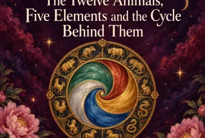 Gold wheel of the twelve Chinese zodiac animals around a five element swirl