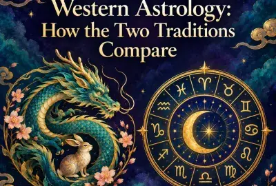 Jade dragon beside a gold Western zodiac wheel