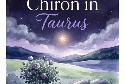 Chiron in Taurus: a glowing star over a moonlit pasture with a blooming rose bush and smooth stones