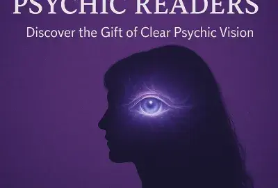 Silhouette of a woman with a glowing third eye radiating light, set against a deep purple background with white text reading “Clairvoyant Psychic Readers – Discover the Gift of Clear Psychic Vision.”
