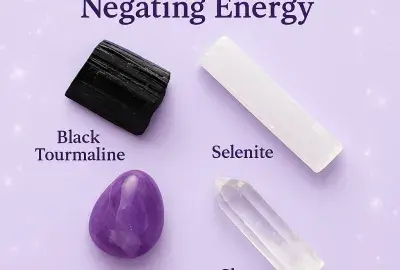 Black Tourmaline, Selenite, Amethyst, and Clear Quartz crystals labeled on a lavender background with sparkles — representing crystals for clearing negative energy
