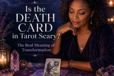 woman reflecting over a tarot spread with the Death card, symbolizing transformation, change, and spiritual guidance.