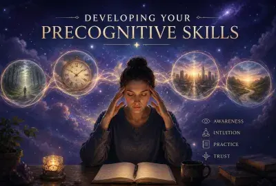 Woman practicing precognitive skills through meditation, journaling, intuition, and awareness.