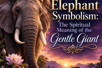 Elephant symbolism illustration showing an elephant as a spiritual symbol of wisdom, strength, loyalty, compassion, and good fortune.