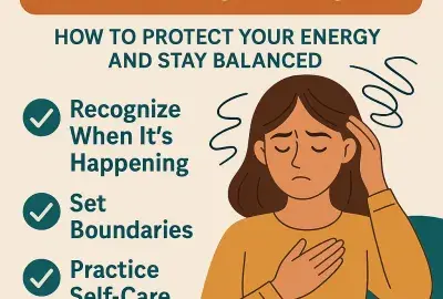 Empathy Overload – Protect Your Energy and Stay Balanced illustration with self-care tips.