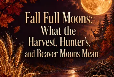 Fall full moon above an autumn river with wheat, a deer, and a beaver.