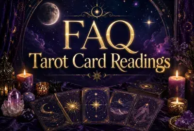 Mystical tarot cards, candles, crystals, and moonlight with the words FAQ Tarot Card Readings.