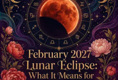 Copper-red lunar eclipse surrounded by a golden zodiac wheel, peonies, stars, and celestial swirls.