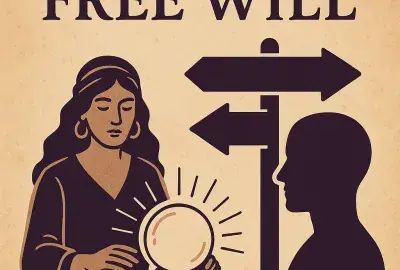 Vintage-style illustration of a psychic woman with a crystal ball beside a signpost, symbolizing free will and choice in psychic readings