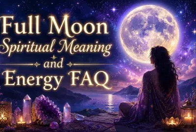 Woman sitting beneath a glowing full moon with crystals and candles beside the water, with the words Full Moon Spiritual Meaning and Energy FAQ.