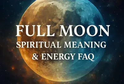 Mystical full moon glowing in a starry night sky with violet and silver spiritual energy waves, designed for a spiritual FAQ blog on full moon meaning and energy