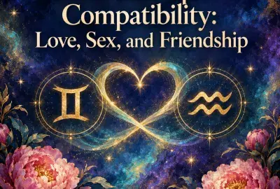 Gemini and Aquarius symbols joined by a glowing heart with peonies