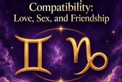 Gold Gemini and Capricorn symbols on a violet sky