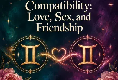 Two Gemini symbols joined by a glowing heart