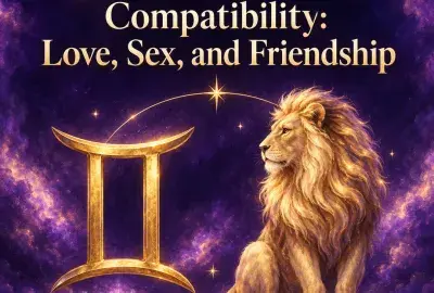 Gold Gemini symbol beside a golden lion on a violet sky