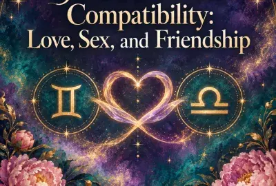 Gemini and Libra symbols joined by a glowing heart with peonies