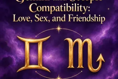 Gold Gemini and Scorpio symbols on a violet sky
