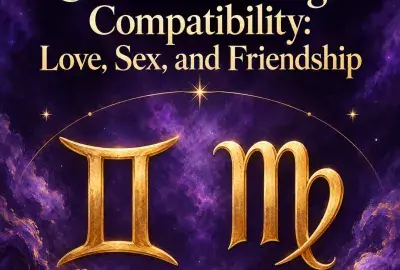 Gold Gemini and Virgo symbols on a violet sky