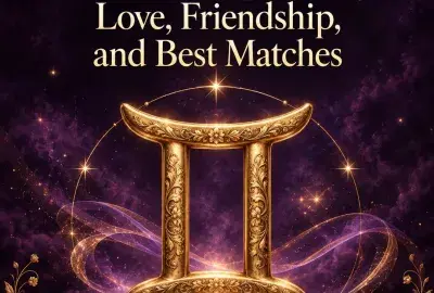 Ornate gold Gemini symbol glowing on a purple night sky