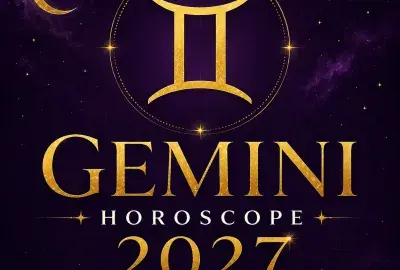 Gold Gemini zodiac symbol on a deep violet celestial background with “Gemini Horoscope 2027: Your Complete Year Ahead.”