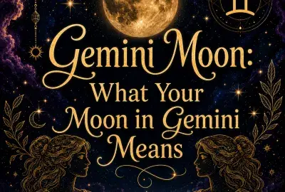 Celestial Gemini Moon graphic with a glowing full moon, Gemini symbol, golden twins, stars, and deep purple cosmic clouds.  next is capricorn vidIQ