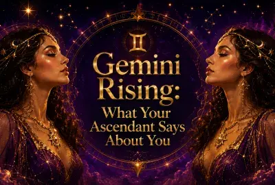 Celestial Gemini Rising image with mirrored twin women, glowing astrology details, and a purple cosmic background.