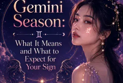 Gemini Season astrology graphic featuring a woman, Gemini symbol, glowing moon, celestial stars, and twin imagery with the title What It Means and What to Expect for Your Sign.