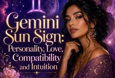 Gemini Sun Sign astrology graphic featuring a woman, Gemini symbol, twin imagery, celestial stars, flowers, and the title Personality, Love, Compatibility and Intuition.