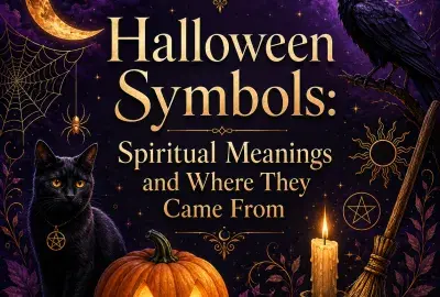 Halloween symbols including a black cat, raven, jack o’lantern, crescent moon, candle, broom, spiderweb, and spiritual symbols.