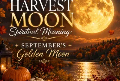 Golden Harvest Moon over a colorful autumn landscape.