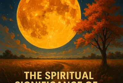 Golden Harvest Moon glowing in the autumn night sky, symbolizing abundance, gratitude, balance, and deep spiritual reflection and intuition.