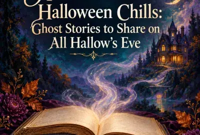 Open book glowing beside autumn leaves with a haunted house under a crescent moon
