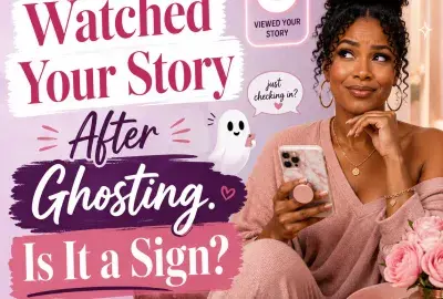 Woman looking amused and curious at her phone after someone who ghosted her viewed her story, with a playful ghost and story notification.