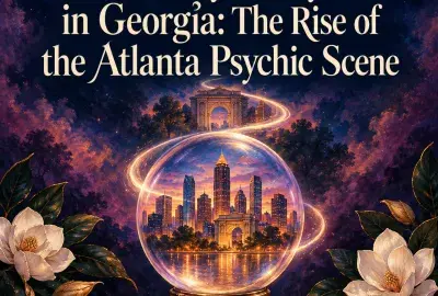 Georgia peach and crystal ball before the Atlanta skyline