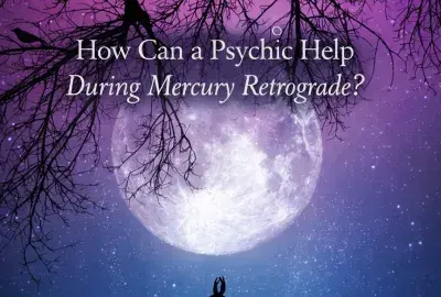 Silhouetted woman standing beneath a starry night sky with a glowing planet overhead, representing how a psychic can help during Mercury Retrograde