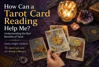 Tarot card reading setup showing cards, candlelight, and crystals representing clarity, emotional insight, and spiritual guidance