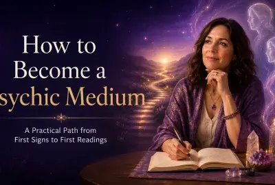 Woman journaling beside crystals and candlelight on a mystical path representing how to become a psychic medium.