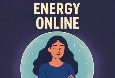 Protect your energy online – calm woman in glowing violet shield symbolizing psychic protection and boundaries on social media.