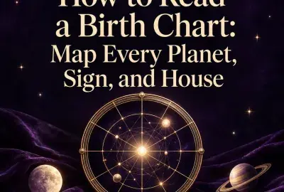 Gold birth chart wheel on purple velvet with moon and Saturn