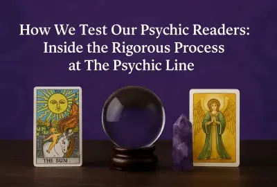 dark violet background with two Tarot Cards, a crystal ball, an amethyst and text "how we test our psychic readers: inside the rigorous process at The Psychic Line